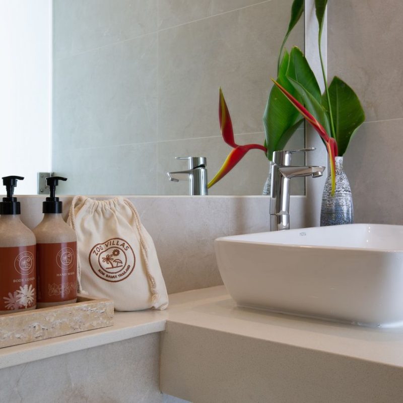 Bathroom at Villa Banana Fan, a 2 bedroom luxury, ocean view villa located in Zog Villa Estate, Maenam,, Koh Samui