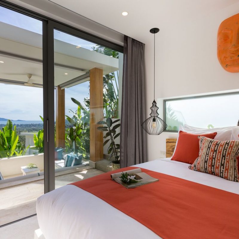 Bedroom at Villa Banana Fan, a 2 bedroom luxury, ocean view villa located in Zog Villa Estate, Maenam,, Koh Samui