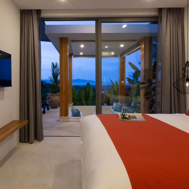 Bedroom at Villa Banana Fan, a 2 bedroom luxury, ocean view villa located in Zog Villa Estate, Maenam,, Koh Samui