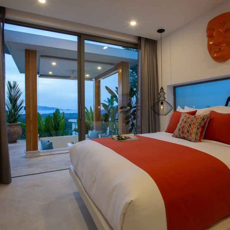 Bedroom at Villa Banana Fan, a 2 bedroom luxury, ocean view villa located in Zog Villa Estate, Maenam,, Koh Samui