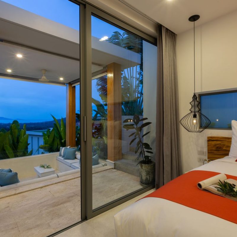 Bedroom at Villa Banana Fan, a 2 bedroom luxury, ocean view villa located in Zog Villa Estate, Maenam,, Koh Samui