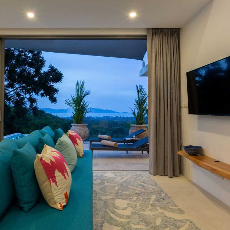 Living room at Villa Banana Fan, a 2 bedroom luxury, ocean view villa located in Zog Villa Estate, Maenam,, Koh Samui