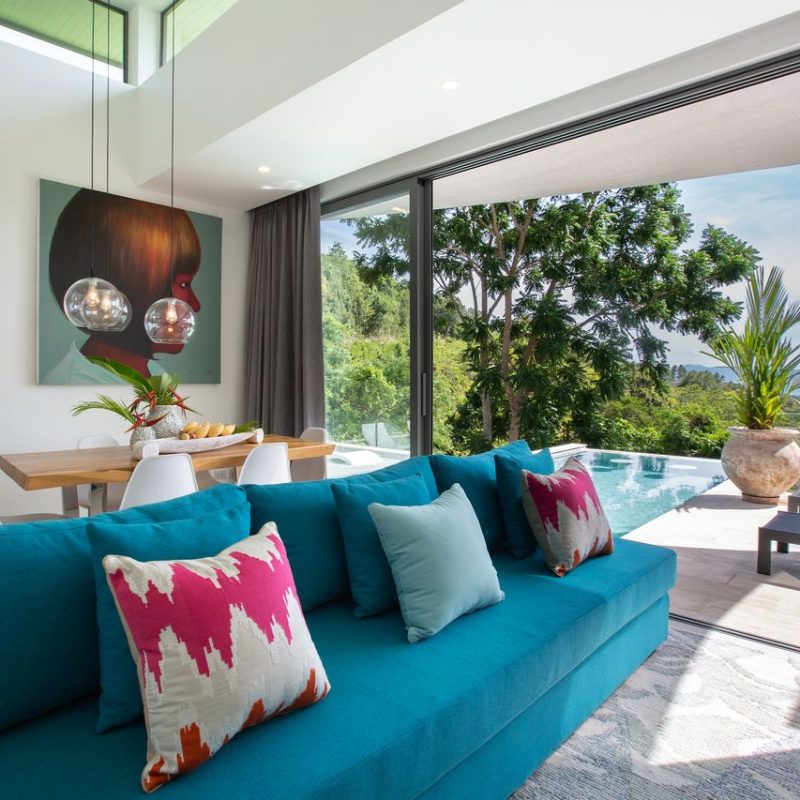 Living room at Villa Banana Fan, a 2 bedroom luxury, ocean view villa located in Zog Villa Estate, Maenam,, Koh Samui