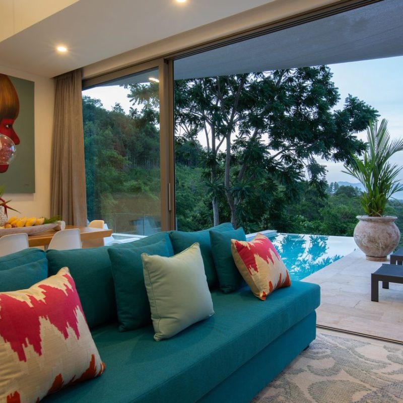 Living room at Villa Banana Fan, a 2 bedroom luxury, ocean view villa located in Zog Villa Estate, Maenam,, Koh Samui