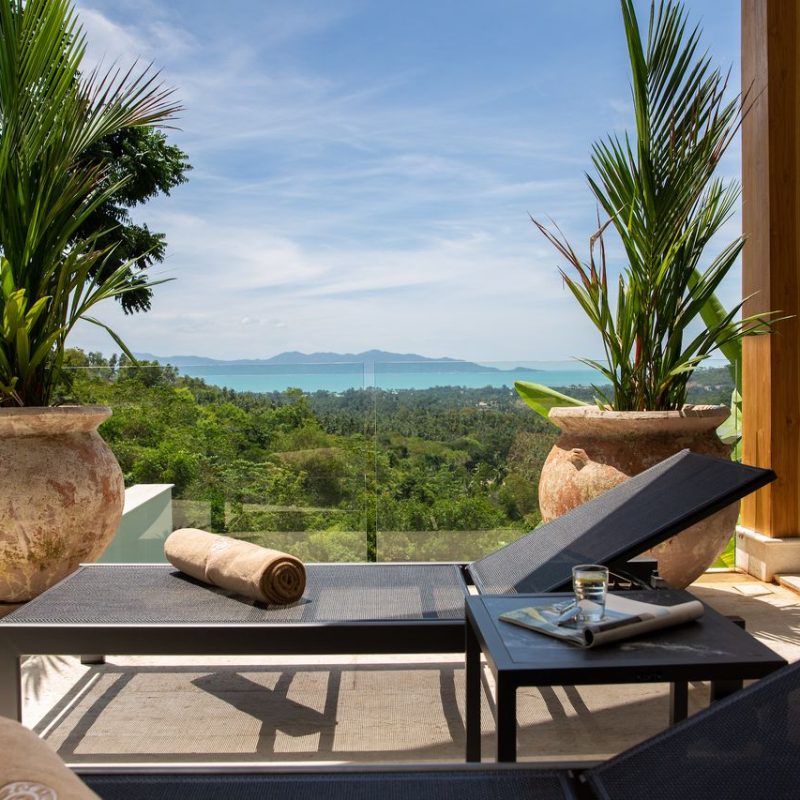 Sun lounging at Villa Banana Fan, a 2 bedroom luxury, ocean view villa located in Zog Villa Estate, Maenam,, Koh Samui