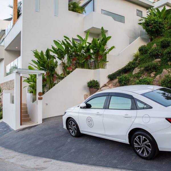 Entrance and car at Villa Bougainvillea, a 4 bedroom luxury, ocean view villa located in Zog Villa Estate, Maenam,, Koh Samui