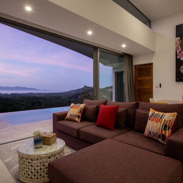 Living room at Villa Bougainvillea, a 4 bedroom luxury, ocean view villa located in Zog Villa Estate, Maenam,, Koh Samui