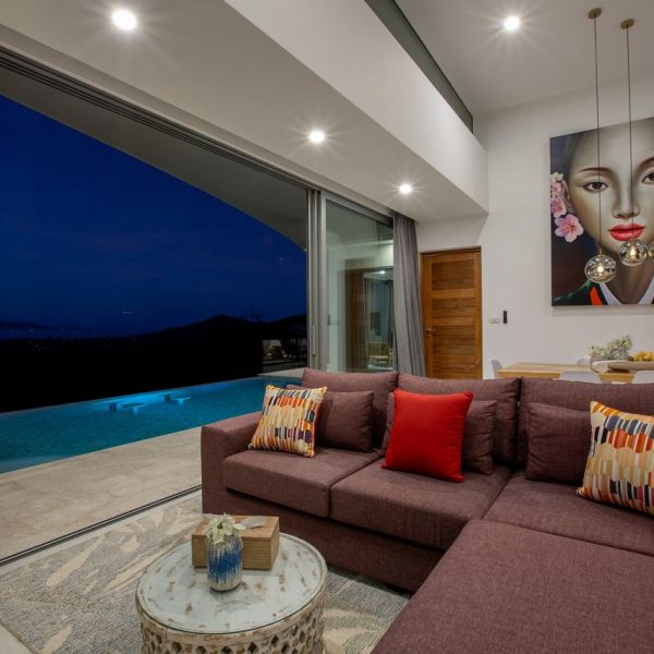 Living room at Villa Bougainvillea, a 4 bedroom luxury, ocean view villa located in Zog Villa Estate, Maenam,, Koh Samui